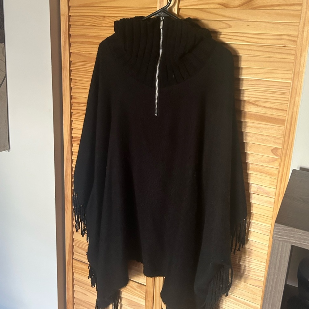 Elegant Black Turtleneck Sweater Pancho with Fringe